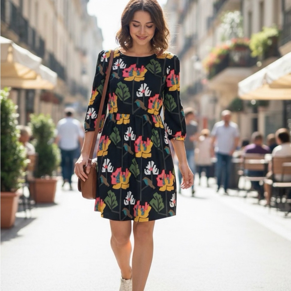 Fossil Dress Womens Size L Black Ditsy‎ Floral Babydoll 60’s Mini Cottagecore